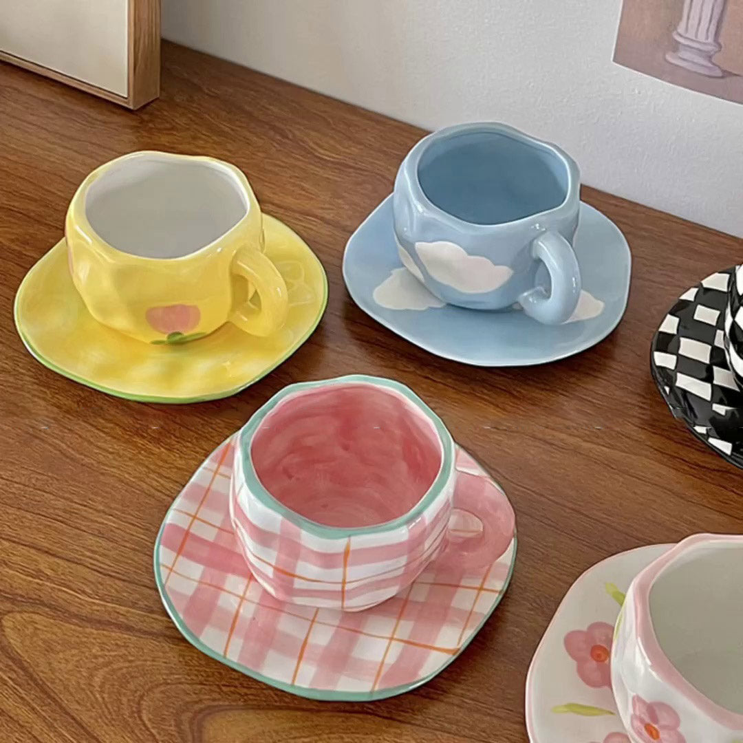 Retro Handpainted Cup & Saucer Set - Kitchen